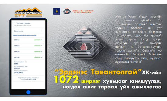 "ЭРДЭНЭС ТАВАНТОЛГОЙ" ХК-ИЙН 1072 ШИРХЭГ ХУВЬЦААГ ЭЗЭМШҮҮЛЭХ, НОГДОЛ АШИГ ТАРААХ ҮЙЛ АЖИЛЛАГААНЫ ТАЛААРХ МЭДЭЭЛЭЛ